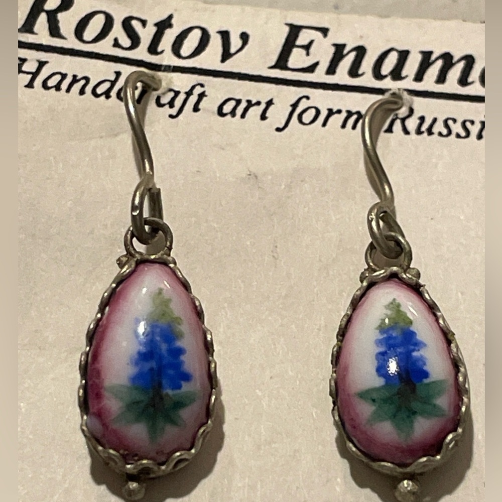 Handcrafted Pink-Edged Blue Floral Teardrop Russian Rostov Enamel Earrings